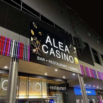 The finished sign for Alea Casino